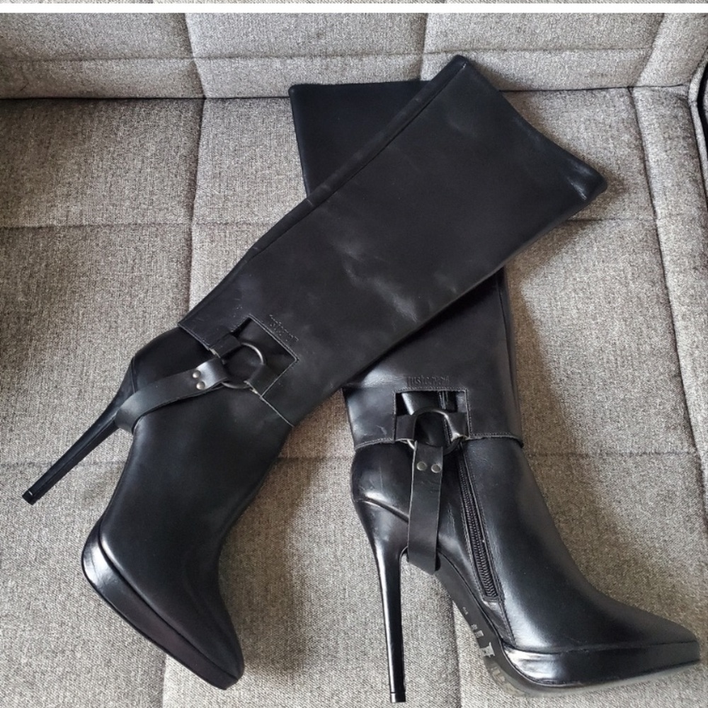 Just Cavalli Black Leather Boots with Leather Gaters Size 37 / US 7